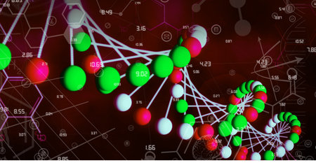 Digitally generated image of dna structure and chemical structures against red background. medical research and technology conceptの写真素材