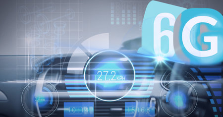 Composition of the word 6g over a car with driving measures in background. global technology,...