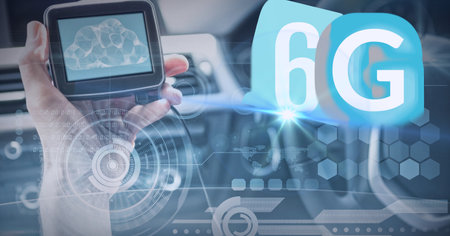 Composition of the word 6g over a person holdoing a technological device with data in background....