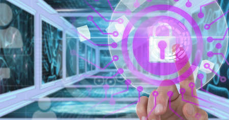 Fingerprint scanning over security padlock icon against screens with medical data processing. cyber...