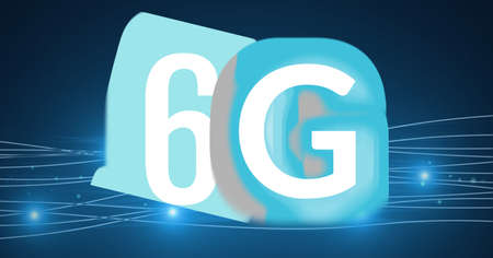 Composition of the word 6g on blue background. global technology, digital interface, connection and...