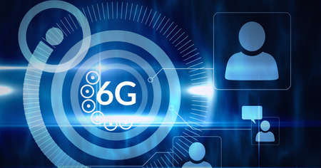 Composition of the word 6g over multiple cirlces and people images in background. global technology, digital interface, connection and communication concept digitally generated imageの写真素材