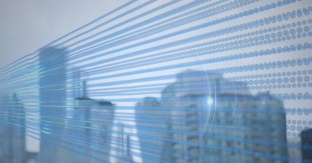 Composition of blue lines over a cityscape in background. global technology, digital interface,...