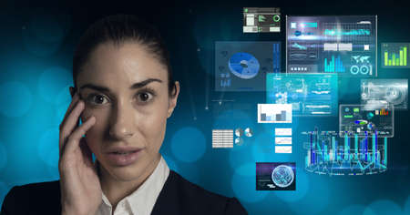 Composition of data processing over caucasian woman looking at camera in background. global...