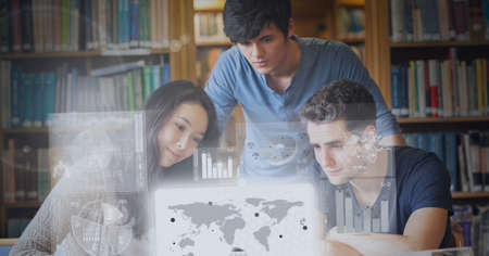 Composition of data processing over diverse freinds talking and smiling in background. global technology, digital interface, connection and communication concept digitally generated image.の写真素材