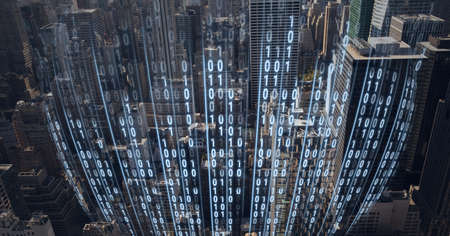 Composition of digital interface over a cityscape in background. global technology, digital interface, connection and communication concept digitally generated image.の写真素材