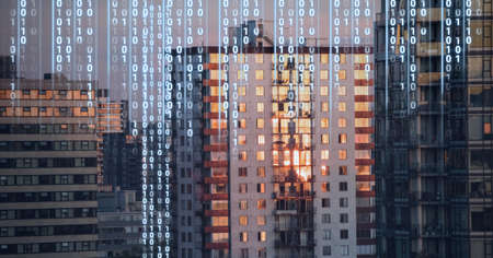 Composition of digital interface over a cityscape in background. global technology, digital...