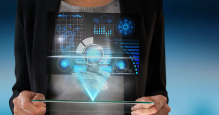 Composition of caucasian woman holding a technological device with statistics and data. global...