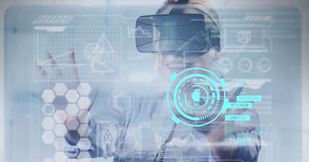 Composition of data processing over caucasian woman using a vr headset in background. global...