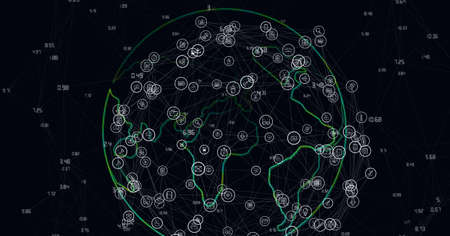 Composition of network of connections with digital icons over globe. global networks of connections...