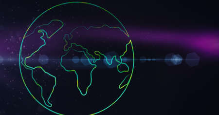 Composition of globe with glowing green outline on purple glowing background. global environment and sustainability concept digitally generated image.の写真素材