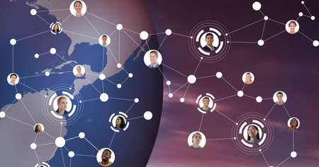 Composition of network of connections with business people photographs over globe. global networks...
