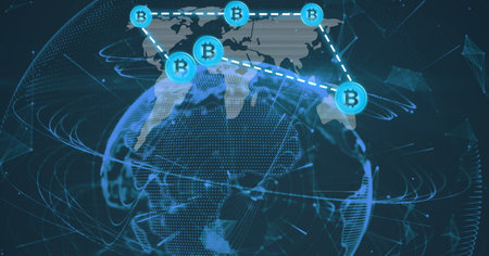 Composition of network of connections with digital bitcoin icons over globe. global networks of connections and technology concept digitally generated image.の写真素材