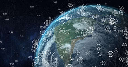 Composition of network of connections with digital icons over globe. global networks of connections and technology concept digitally generated image.の写真素材