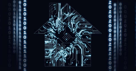 Composition of house with computer processor circuit board with binary coding. global technology,...