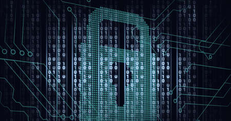 Composition of online security padlock with binary coding processing. global technology, digital...