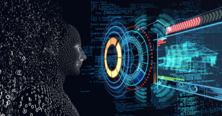 Composition of exploding human digital head with scopes scanning and data processing. global...
