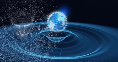 Composition of exploding human digital head with binary coding processing and glowing globe. global...