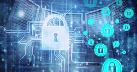 Composition of network of connections with online security padlocks over computer servers. global...