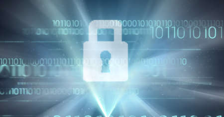 Composition of online security padlock and binary code. global technology, online cyber security and...