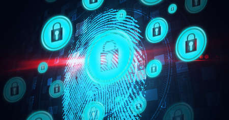 Composition of network of connections with online security padlocks and fingerprint. global...