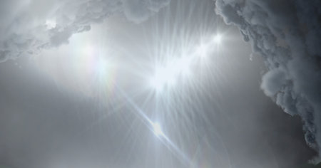 Clouds over grey sky and stadium lighting background. sports and events background, digitally generated image.の写真素材