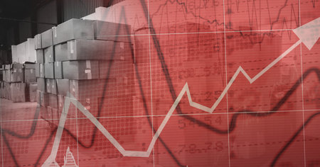 Financial data and statistics graphs processing over warehouse, finance and delivery concept....