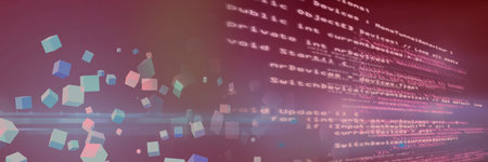 Computer code and multicolor geometric shapes against gradient background, program coding concept. digitally generated image.の写真素材