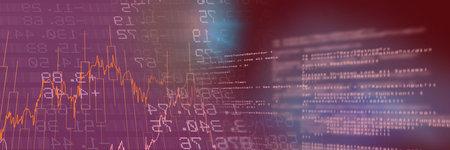 Financial data and computer code against gradient background, finance and programming concept....