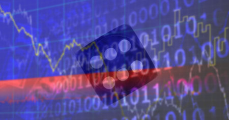 Financial data and computer code over dice against blue background, technology and economy concept....