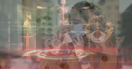 Body scan over caucasian woman putting mask in a city, coronavirus and medical technology concept. digitally generated image.の写真素材