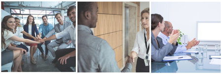 Business colleagues interacting with each other. in office and checkind hands in a background...