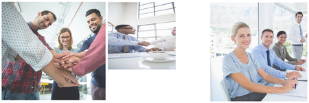 Business colleagues interacting with each other. in office and checkind hands in a background...
