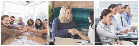 Business colleagues interacting with each other. in office and checkind hands in a background...
