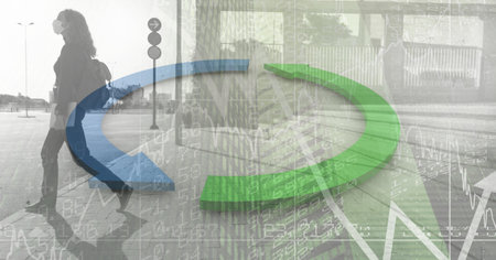 Financial data and circular arrows over caucasian woman in city, coronavirus and economy concept....