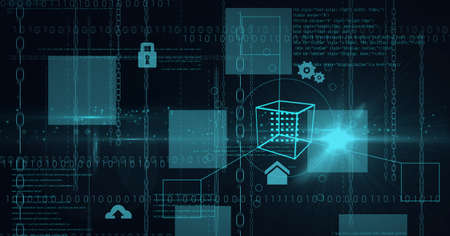 Animation of data processing and binary coding with green squares on black background. global...