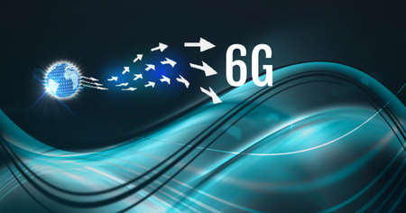Composition of 6g text with arrows and globe over green light trails on green background. global...