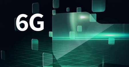 Composition of 6g text over green screens on grid and black background. global networks, technology and digital interface concept digitally generated image.の写真素材