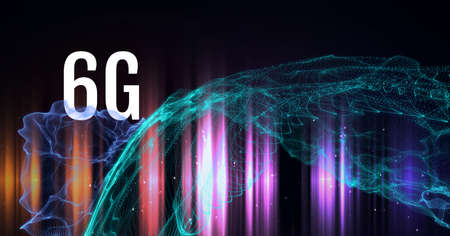 Composition of 6g text over network of green mesh and multi coloured light trails on black. global...