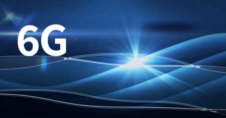 Composition of 6g text over glowing blue light trails on blue background. global networks,...