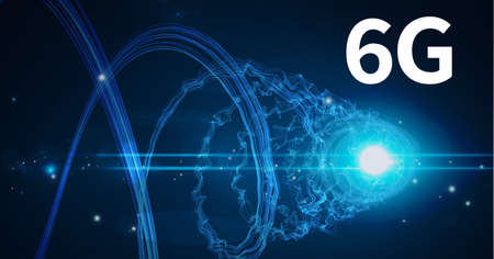 Composition of 6g text over glowing blue light trails on blue background. global networks,...