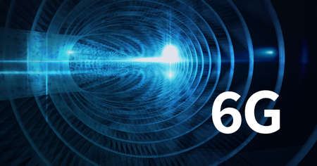 Composition of 6g text over glowing blue circles forming tunnel in background. global networks,...