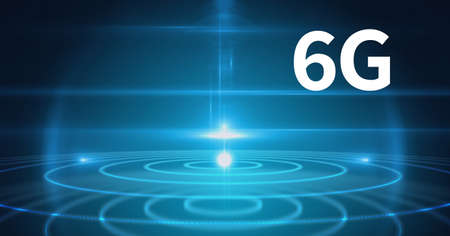 Composition of 6g text over blue glowing scopes scanning on blue background. global networks, technology and digital interface concept digitally generated image.の写真素材