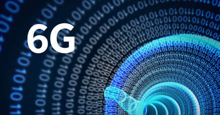Composition of 6g text over blue binary coding on black background. global networks, technology and...