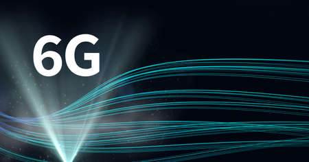 Composition of 6g text over green glowing light trails on black background. global networks,...