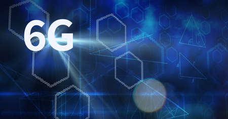 Composition of 6g text over hexagons and triangles on blue background. global networks, technology...