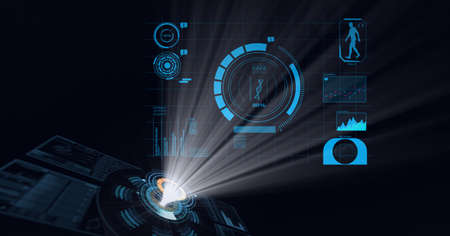 Composition of dna strand, human model, medical data processing and scopes scanning on black. global...