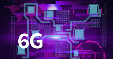 Composition of 6g text over network of connections, computer processor and world map. global...