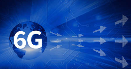 Composition of 6g text over globe, white arrows and computer circuit board on blue background....