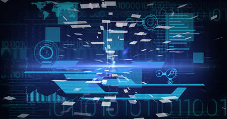 Composition of scopes scanning, data processing and screens on blue background. global networks,...